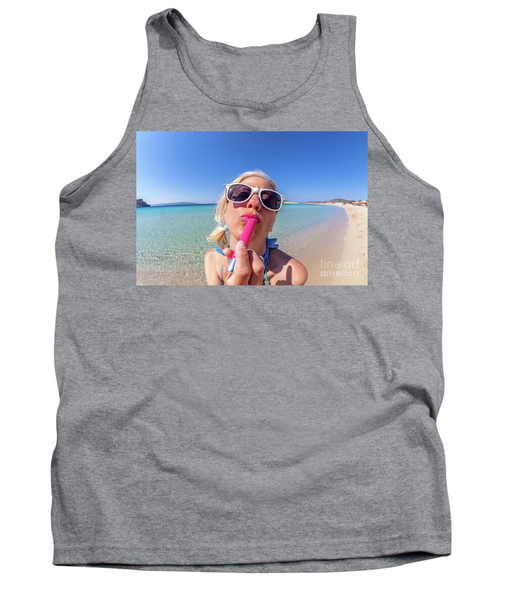 Makeup Tank Top featuring the photograph Lipstick applying by Benny Marty
