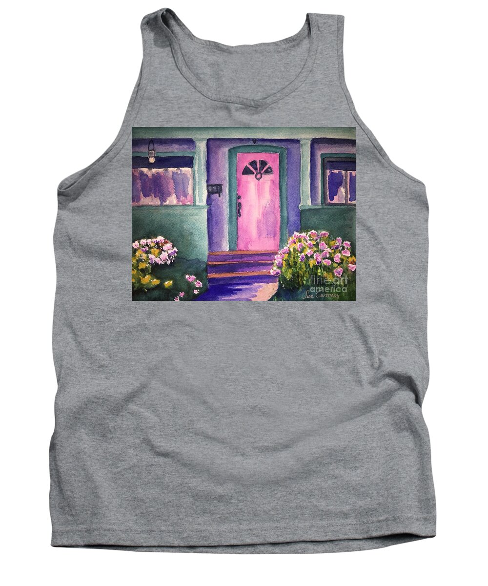Summer Tank Top featuring the painting Little House with Pink Door by Sue Carmony