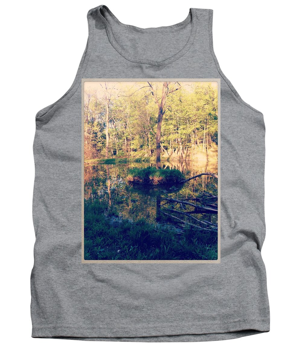Alone Tree Spring Summer Sunset Sunlight Light Pond Swamp Marsh Woods Forest Decay Fallen Tree Fantasy Middle Of Tank Top featuring the photograph Loner by Tori Omatick