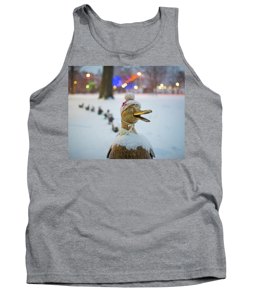 Boston Tank Top featuring the photograph Make Way for Ducklings Winter Hats Boston Public Garden Christmas by Toby McGuire