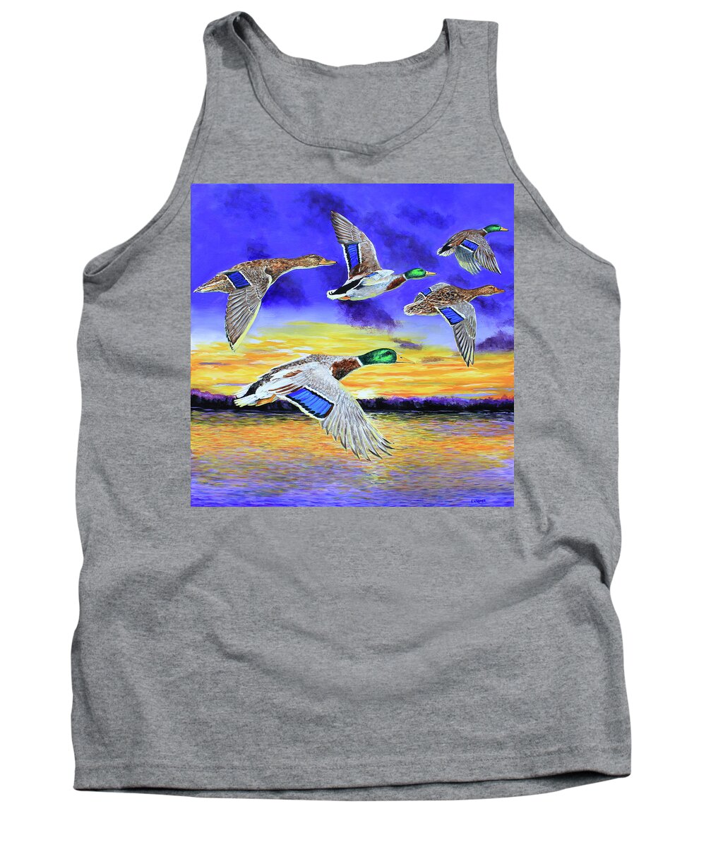 Mallards Tank Top featuring the painting Mallards Early Morning Flight by Karl Wagner