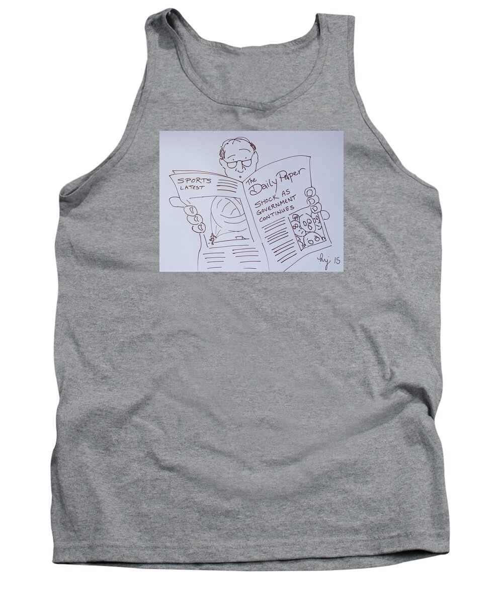 Man Reading A Newspaper Cartoon Tank Top featuring the drawing Man Reading A Newspaper Cartoon - What is the world coming to by Mike Jory