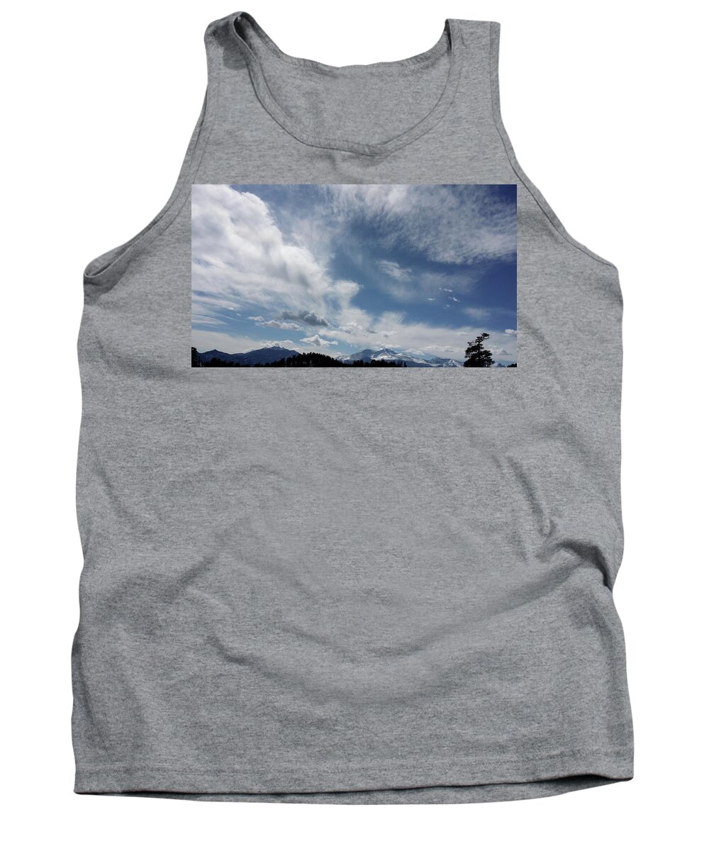 Blue Sky Tank Top featuring the photograph March Sky Longs Peak by Laura Davis