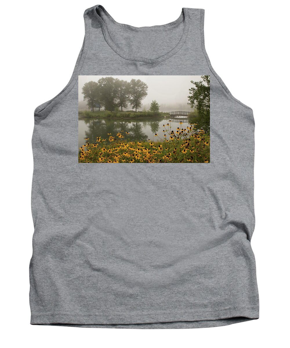 Fog Tank Top featuring the photograph Misty Pond Bridge Reflection #3 by Patti Deters