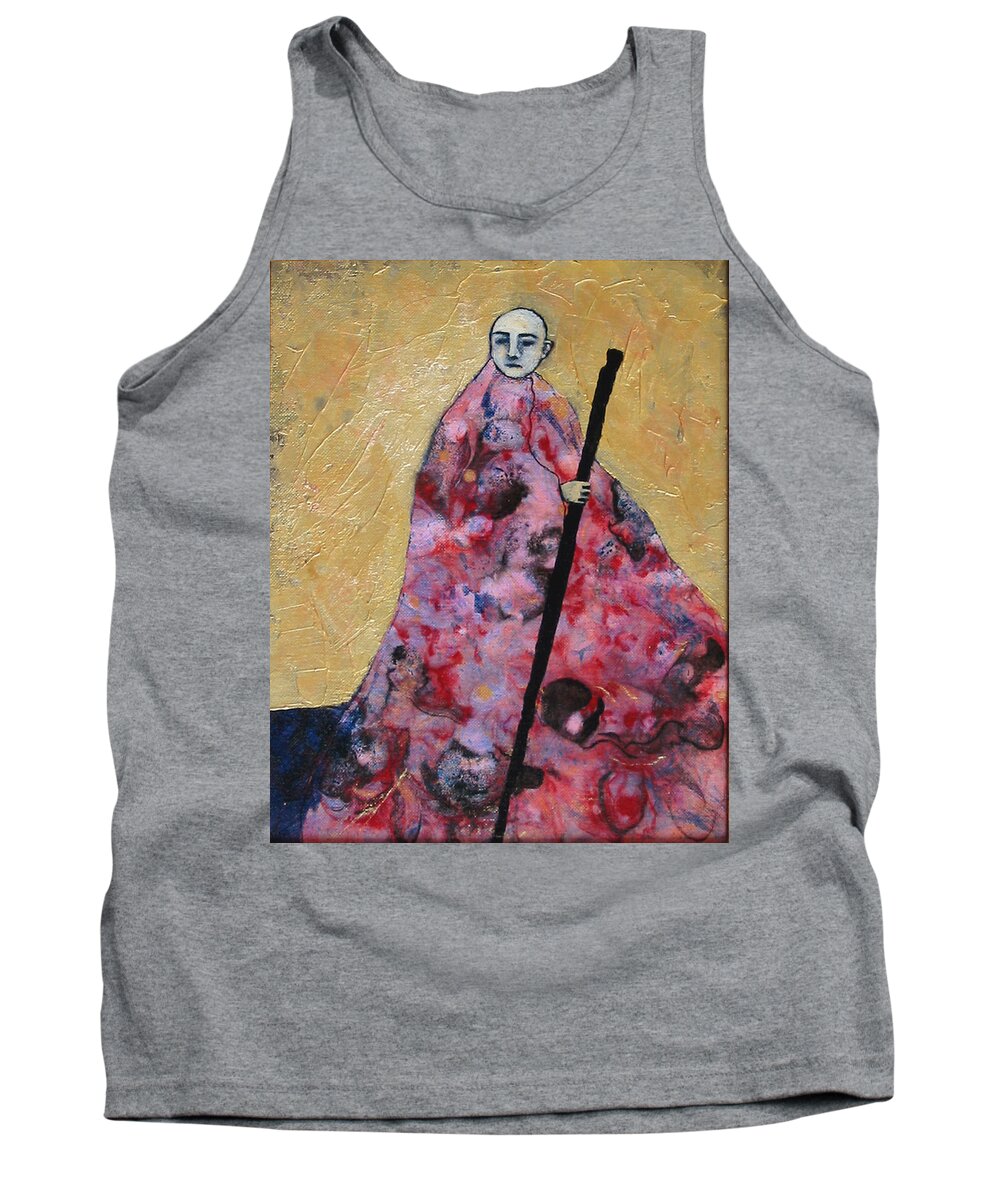 Gold Tank Top featuring the painting Monk With Walking Stick by Pauline Lim