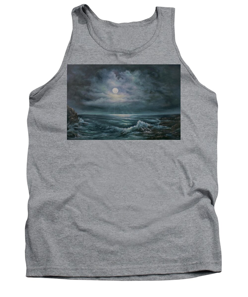 Nocturnal Landscape Painting Tank Top featuring the painting Moonlit Seascape by Katalin Luczay