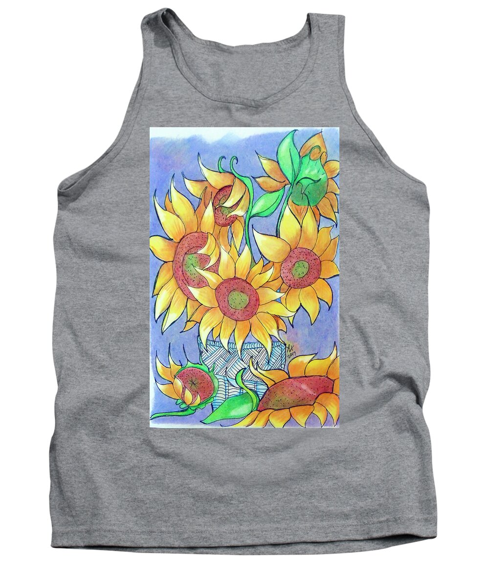 Sunflower Tank Top featuring the drawing More Sunflowers by Loretta Nash