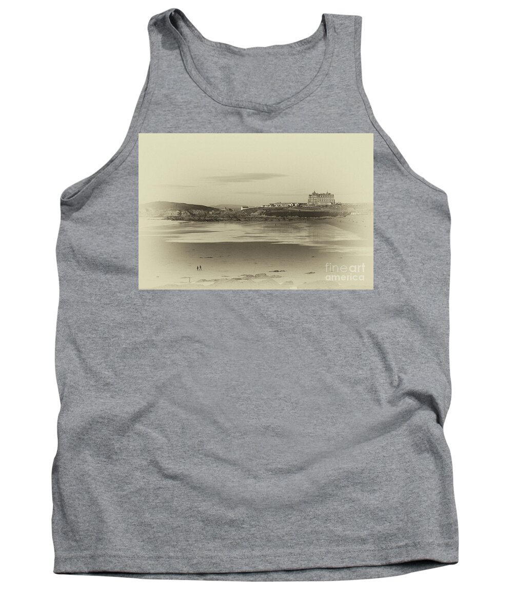 Sepia Tank Top featuring the photograph Newquay with old watercolor effect by Nicholas Burningham