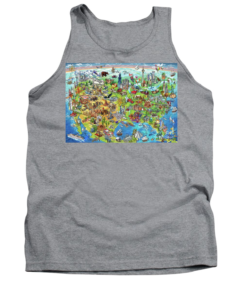 Los Angeles; Santa Barbara; Us; Usa; Maria Rabinky; Rabinky; New York; Illustrated Map; United States; Chicago; San Francisco; Pictorial Map; America; Colorful Map Of America Tank Top featuring the painting North America Wonders Map Illustration by Maria Rabinky