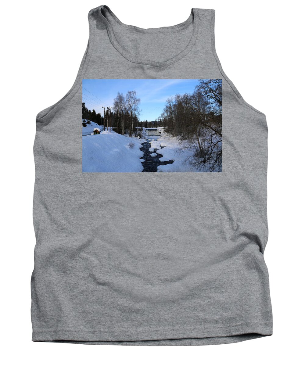Waterfront Trees Winter Snow Water Bluesky Scandinavia Norway Europe Countryside Trees Tank Top featuring the digital art Norwegian Winter landscape. by Jeanette Rode Dybdahl