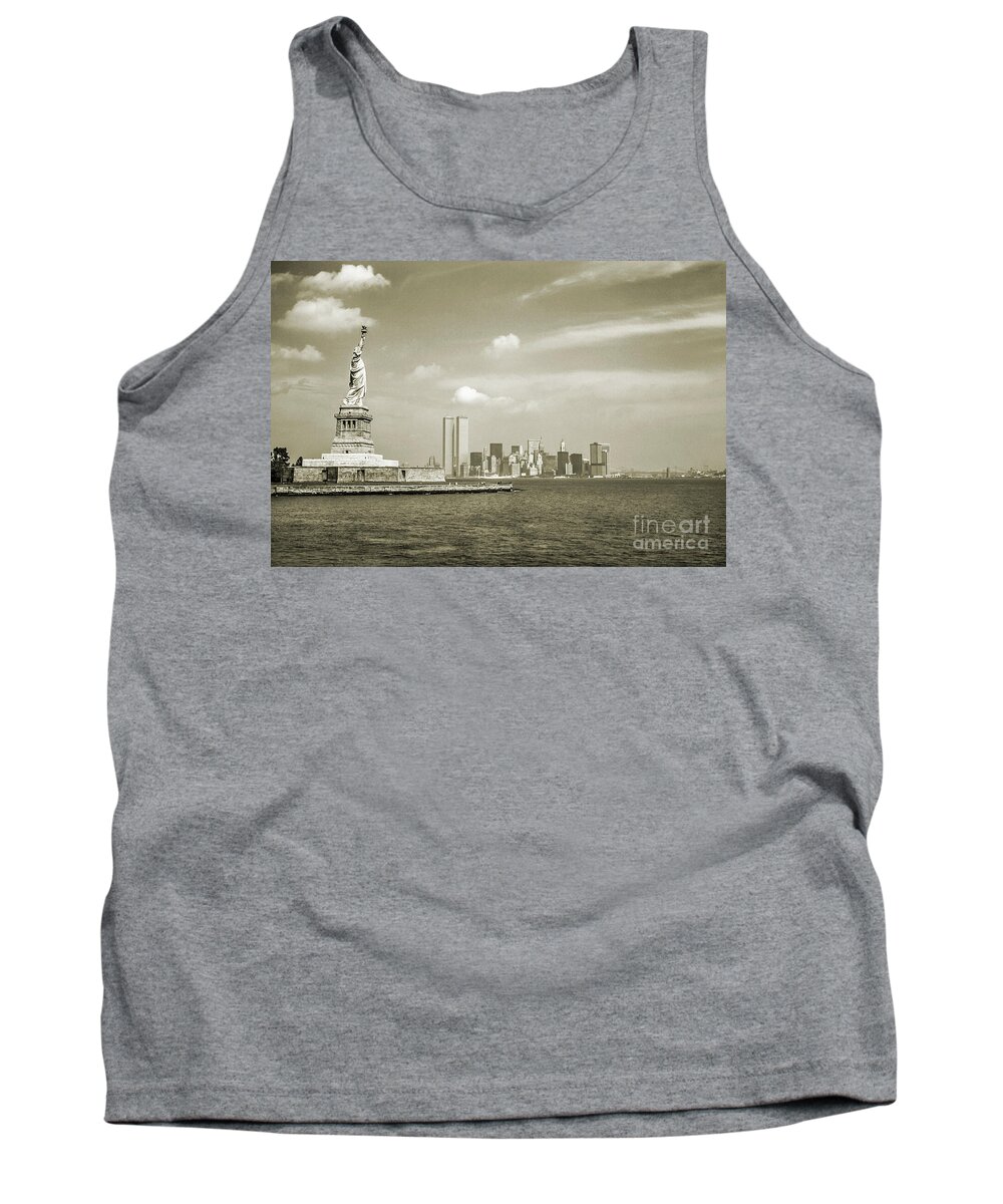 Statue Of Liberty Tank Top featuring the pyrography NYC Skyline Vintage Style by Benny Marty