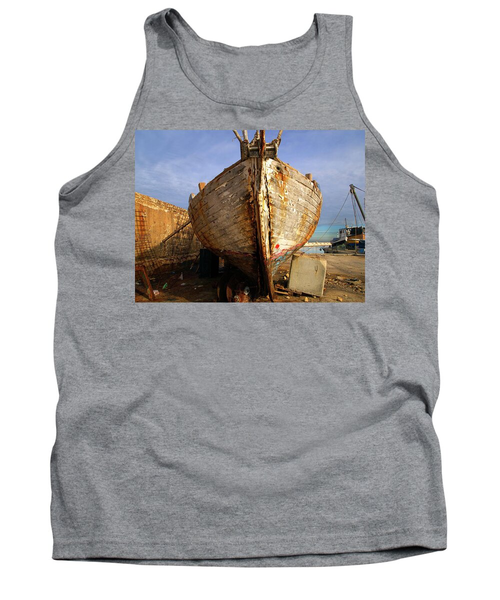 Old Tank Top featuring the photograph Old dilapidated wooden boat by Ofer Zilberstein