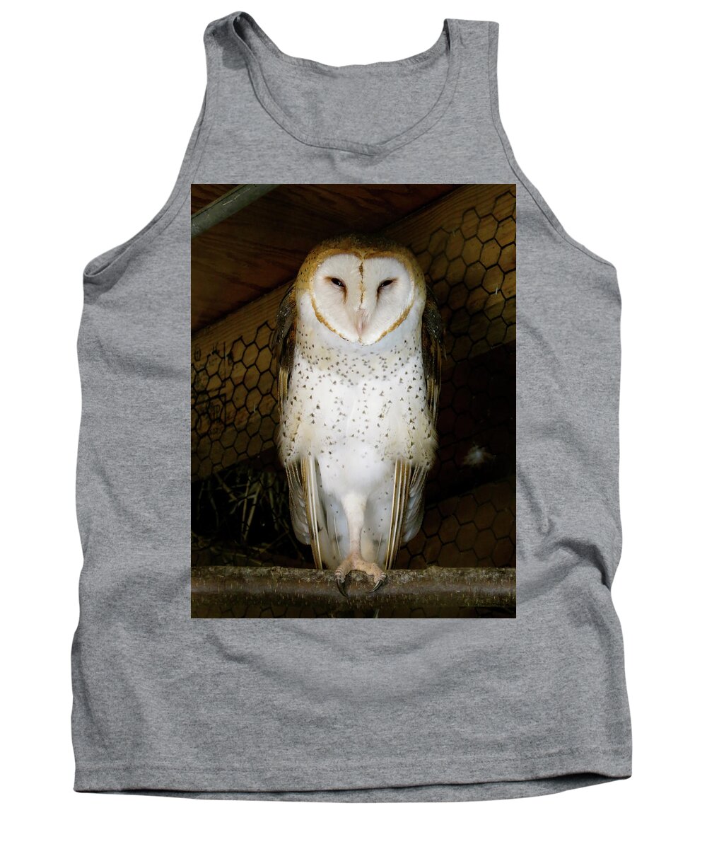 Owl Tank Top featuring the photograph On one leg by Azthet Photography
