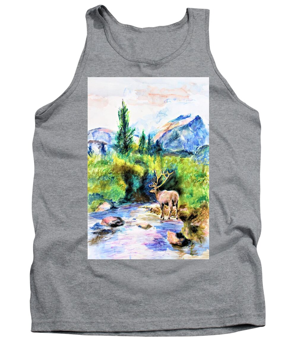Landscape Tank Top featuring the mixed media On the Stream by Khalid Saeed