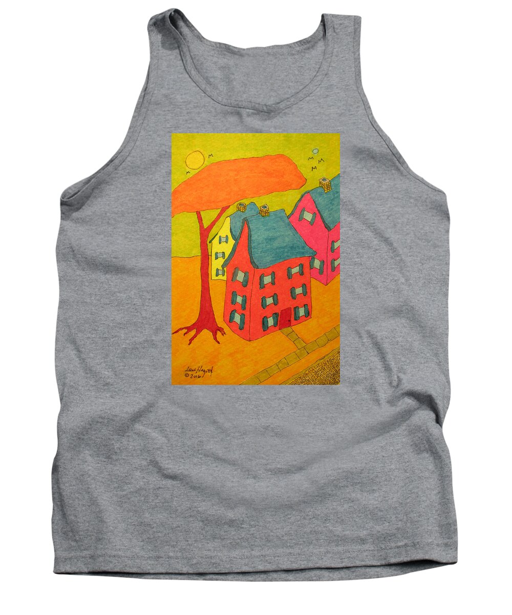Hagood Tank Top featuring the painting Orange Umbrella Tree And Three Homes by Lew Hagood