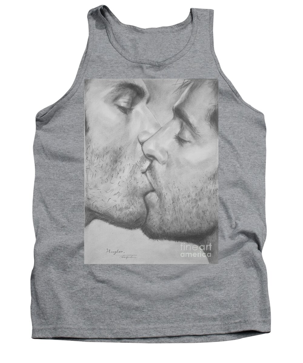 Original Drawing Tank Top featuring the painting Original Drawing Sketch Charcoal Chalk Gay Man Art - Kiss Pencil On Paper -025 by Hongtao Huang