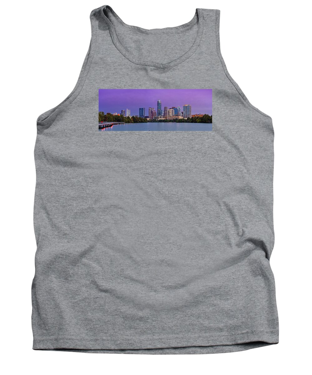 Austin Tank Top featuring the photograph Panorama of Downtown Austin Skyline from the Lady Bird Lake Boardwalk Trail - Texas Hill Country by Silvio Ligutti