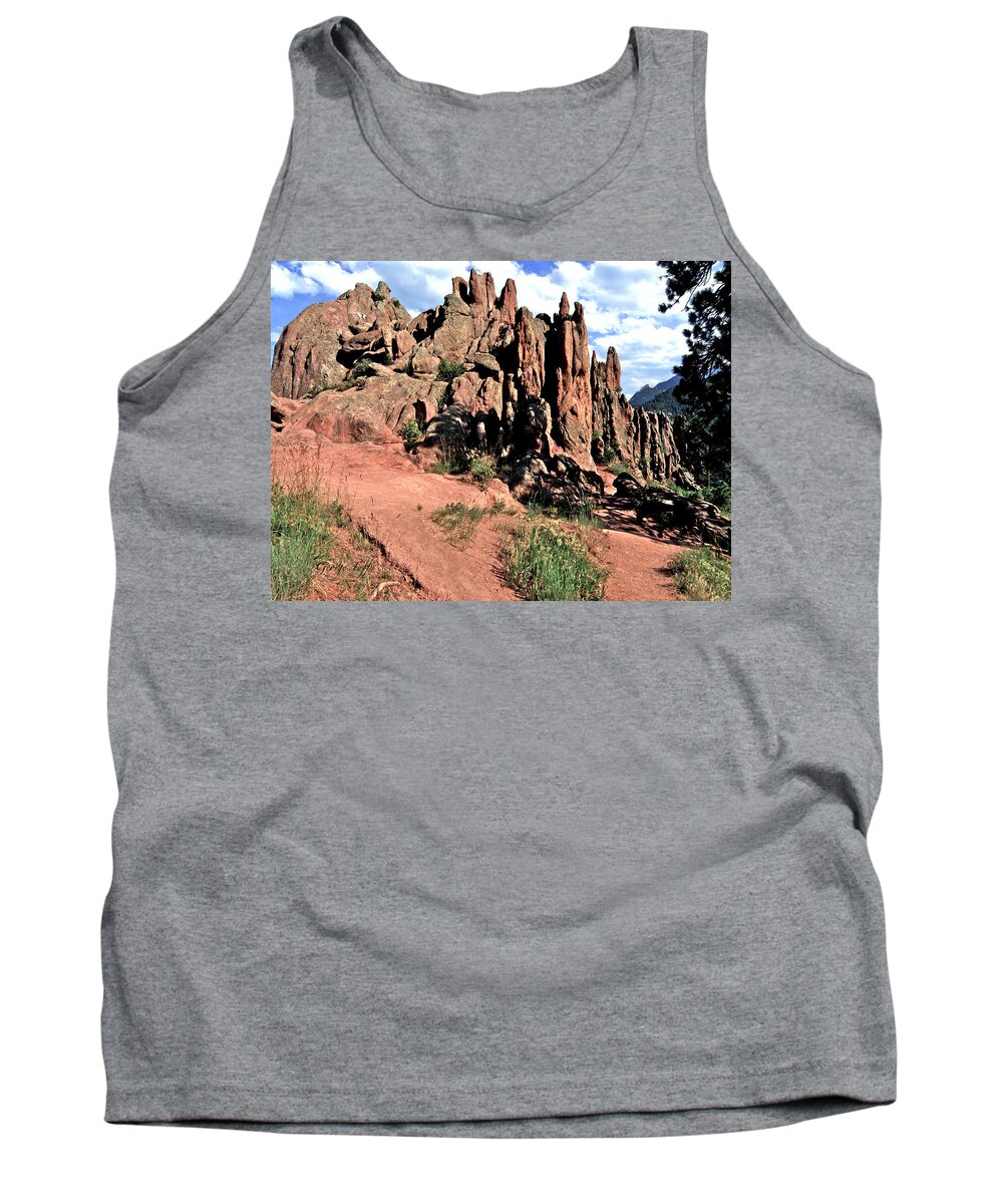 Path Red Rocks Settlers Park Boulder Colorado Rockformations Rocky Mountains Nature Tank Top featuring the photograph Path to red rocks by George Tuffy
