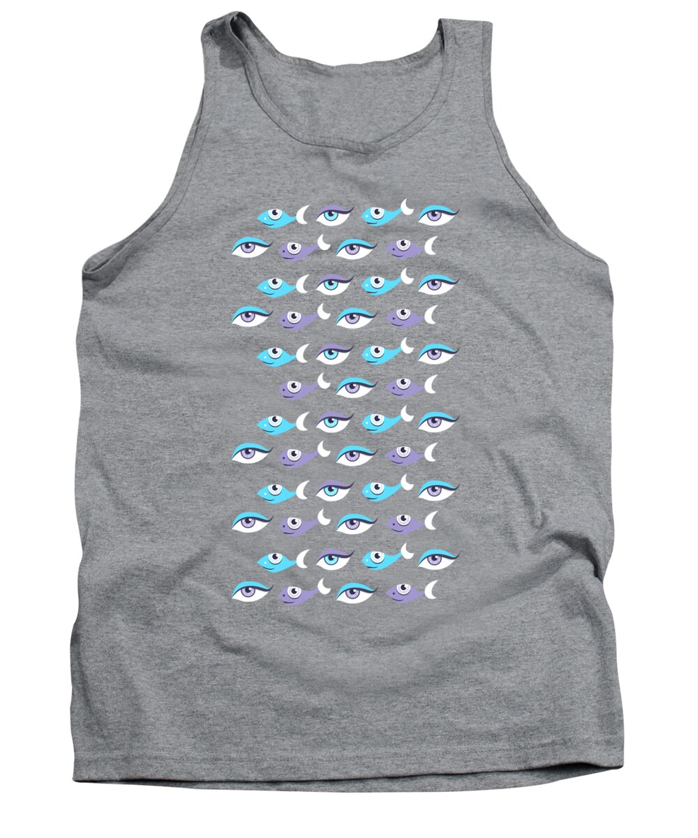 Fish Tank Top featuring the digital art Pattern of blue eyes and fish in sea by Boriana Giormova