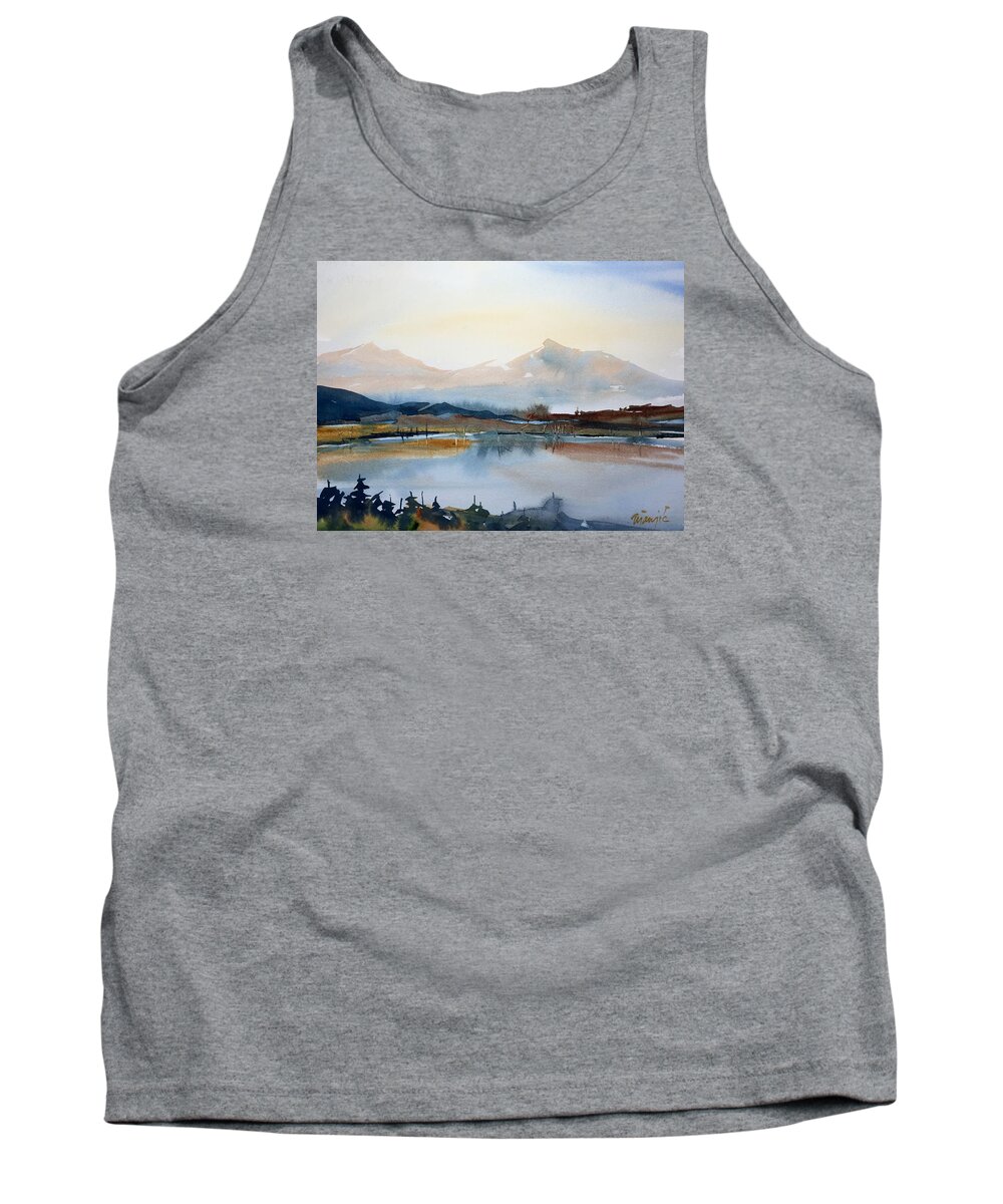 Dillon Tank Top featuring the painting Peaks over Dillon Reservoir by Ugljesa Janjic
