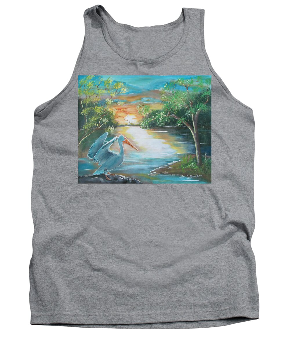 Pelican Tank Top featuring the painting Pelican Landed by Luis F Rodriguez