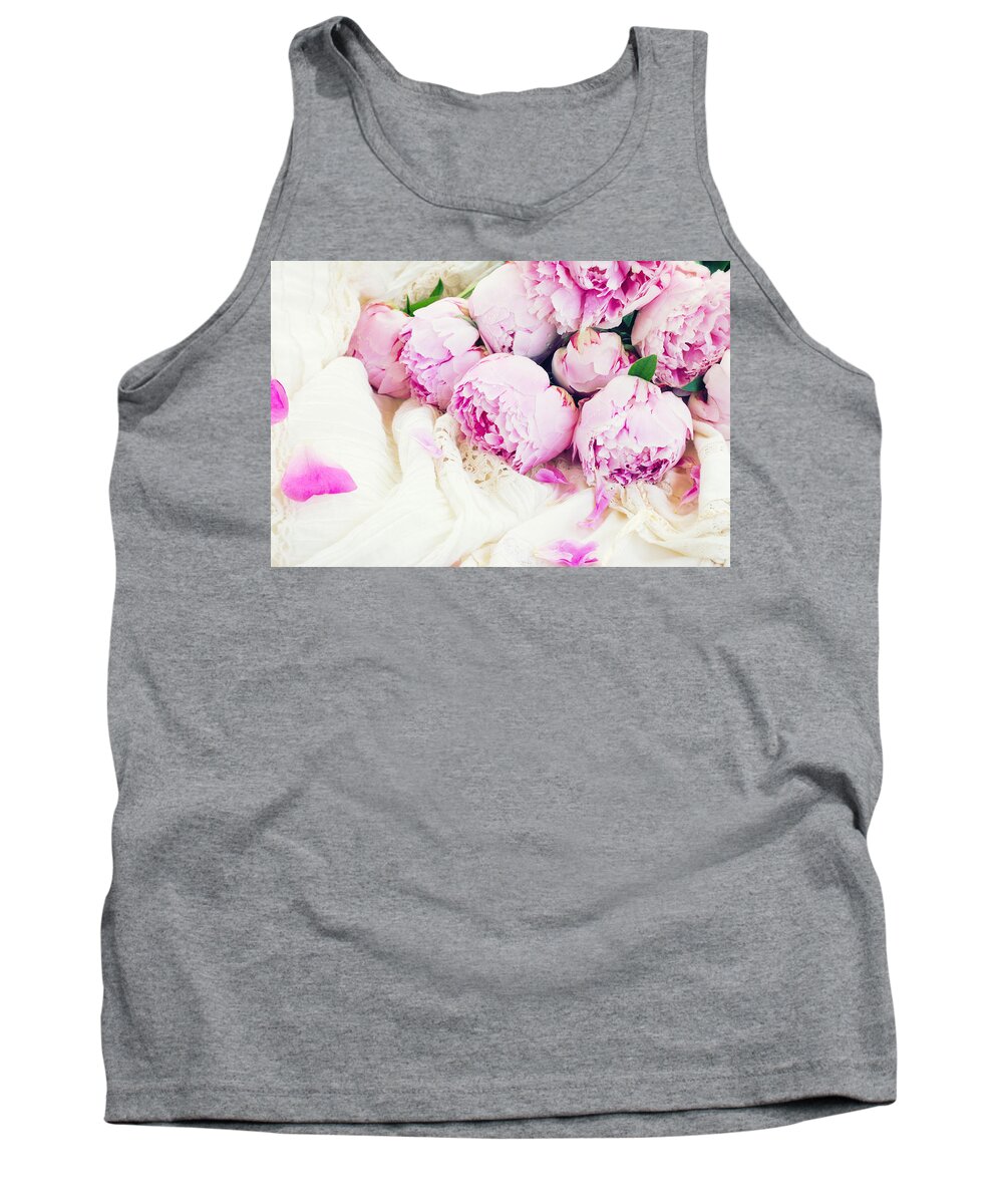Romance Tank Top featuring the photograph Peonies and Wedding Dress by Anastasy Yarmolovich