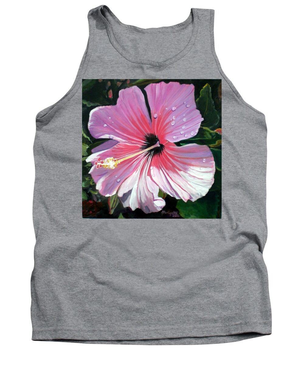 Pink Tank Top featuring the painting Pink Hibiscus with Raindrops by Marionette Taboniar