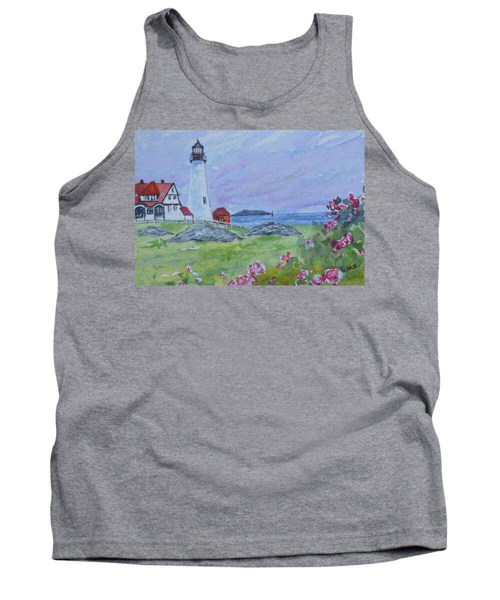 Lighthouse Tank Top featuring the painting Portland Headlight Roses by Kellie Chasse