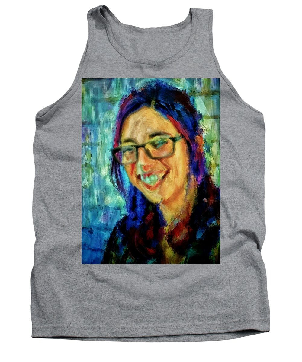 Portrait Painting Tank Top featuring the painting Portrait painting in acrylic paint of a Young Fresh Girl with colorful hair in a library with books by MendyZ