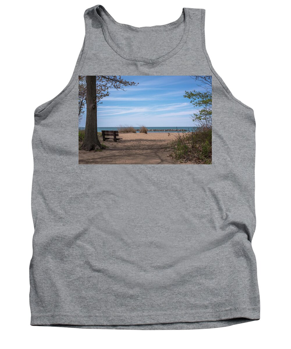 Terry D Photography Tank Top featuring the photograph Presque Isle Beach Bench Lake Erie PA by Terry DeLuco