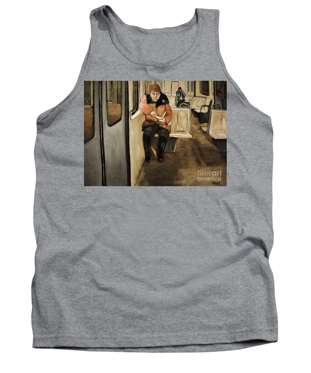 City Scenes Tank Top featuring the painting Reader on the Metro by Reb Frost