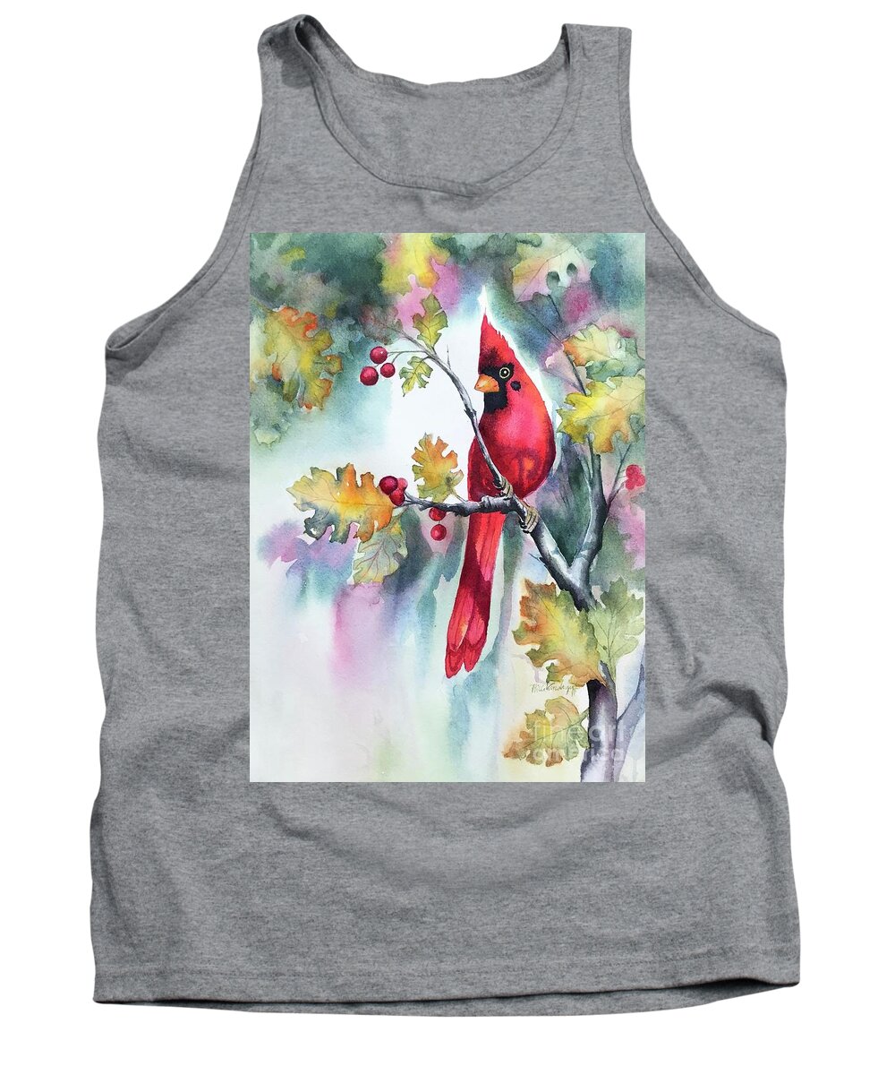 Red Cardinal Tank Top featuring the painting Red Cardinal with Berries by Hilda Vandergriff