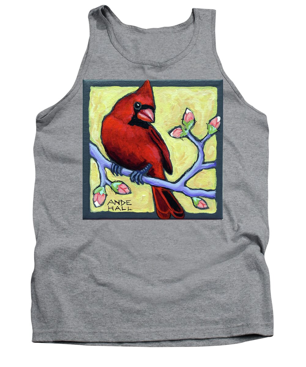 Cardinal Tank Top featuring the painting Redbird With Buds by Ande Hall