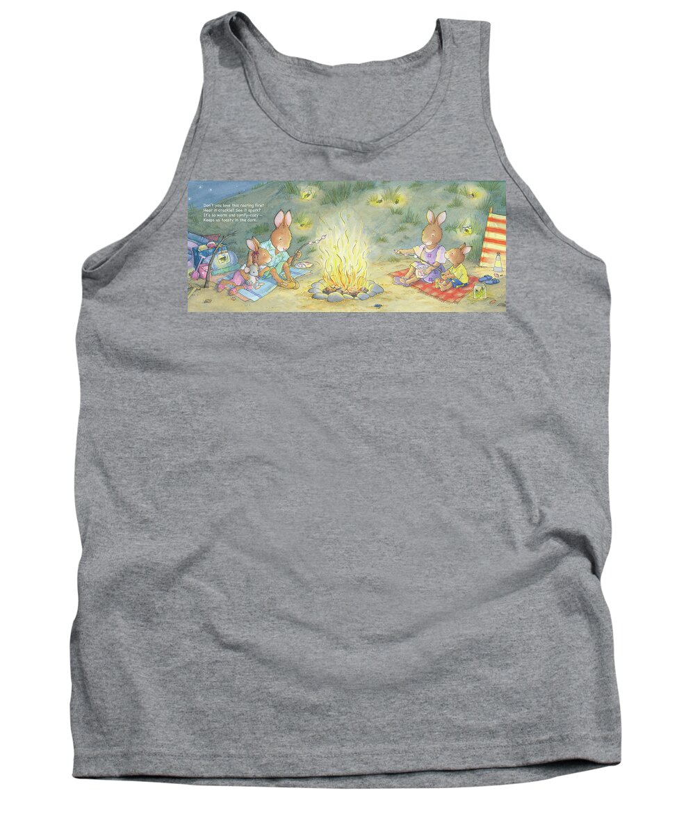 Sunny Bunnies Tank Top featuring the painting Roasting Marshmallows -- With Text by June Goulding