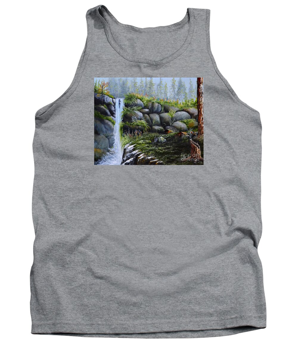 A Waterfalls In The Woods With Large Boulders Tank Top featuring the painting Rocky Falls by Martin Schmidt