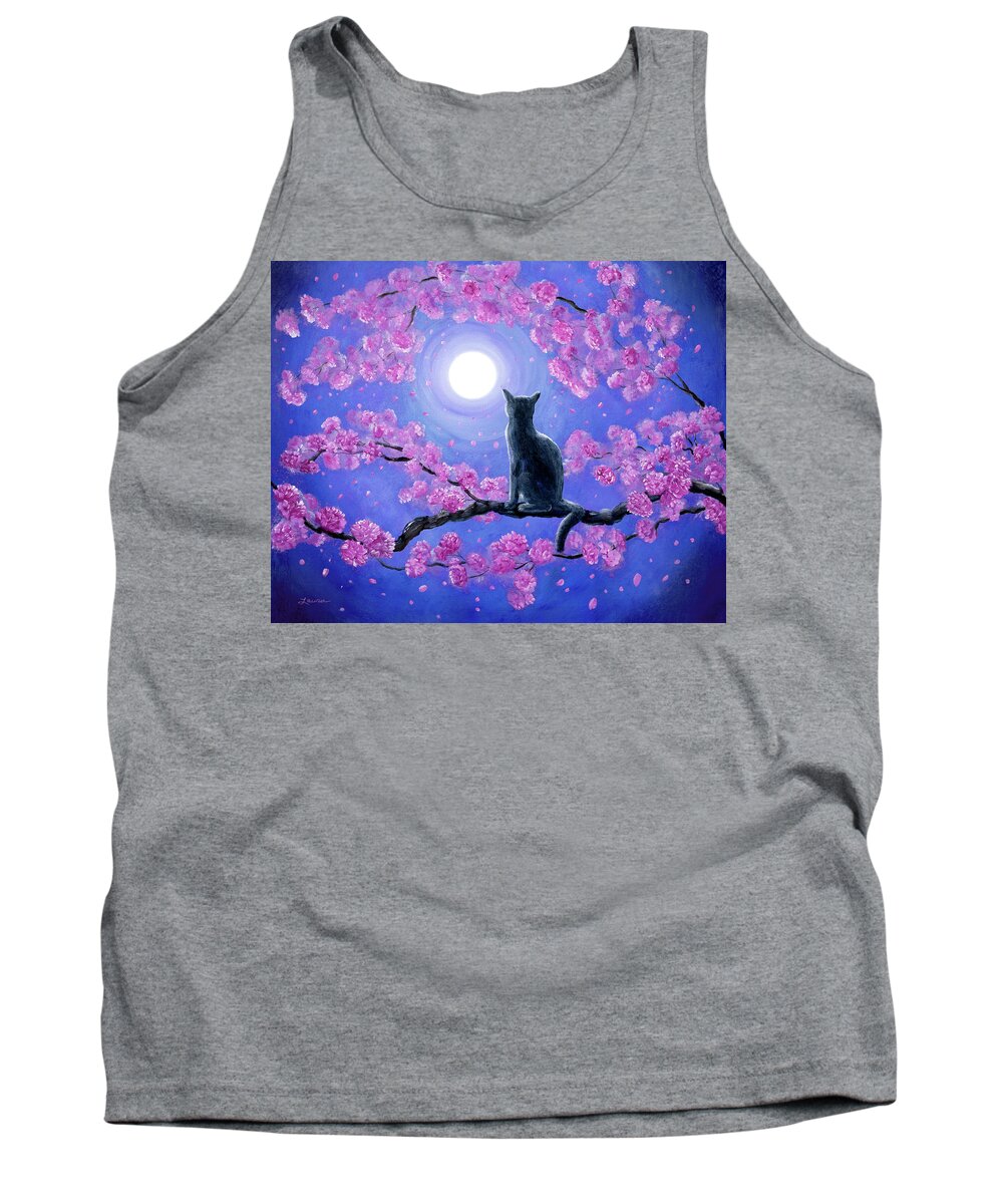 Kwanzan Tank Top featuring the painting Russian Blue Cat in Pink Flowers by Laura Iverson