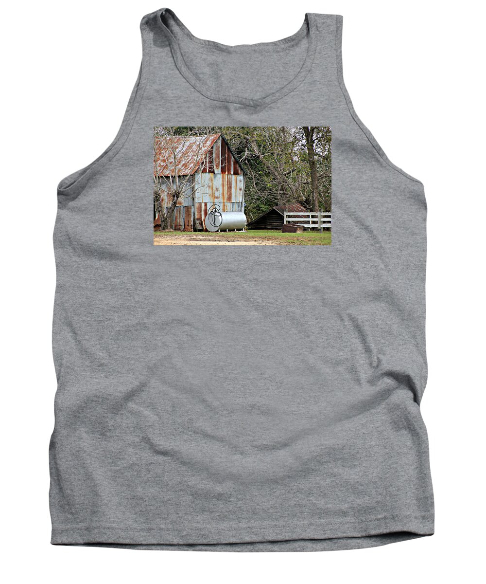 Rusted Tin Tank Top featuring the photograph Rusted Tin Shed in Burnt Corn by Lynn Jordan