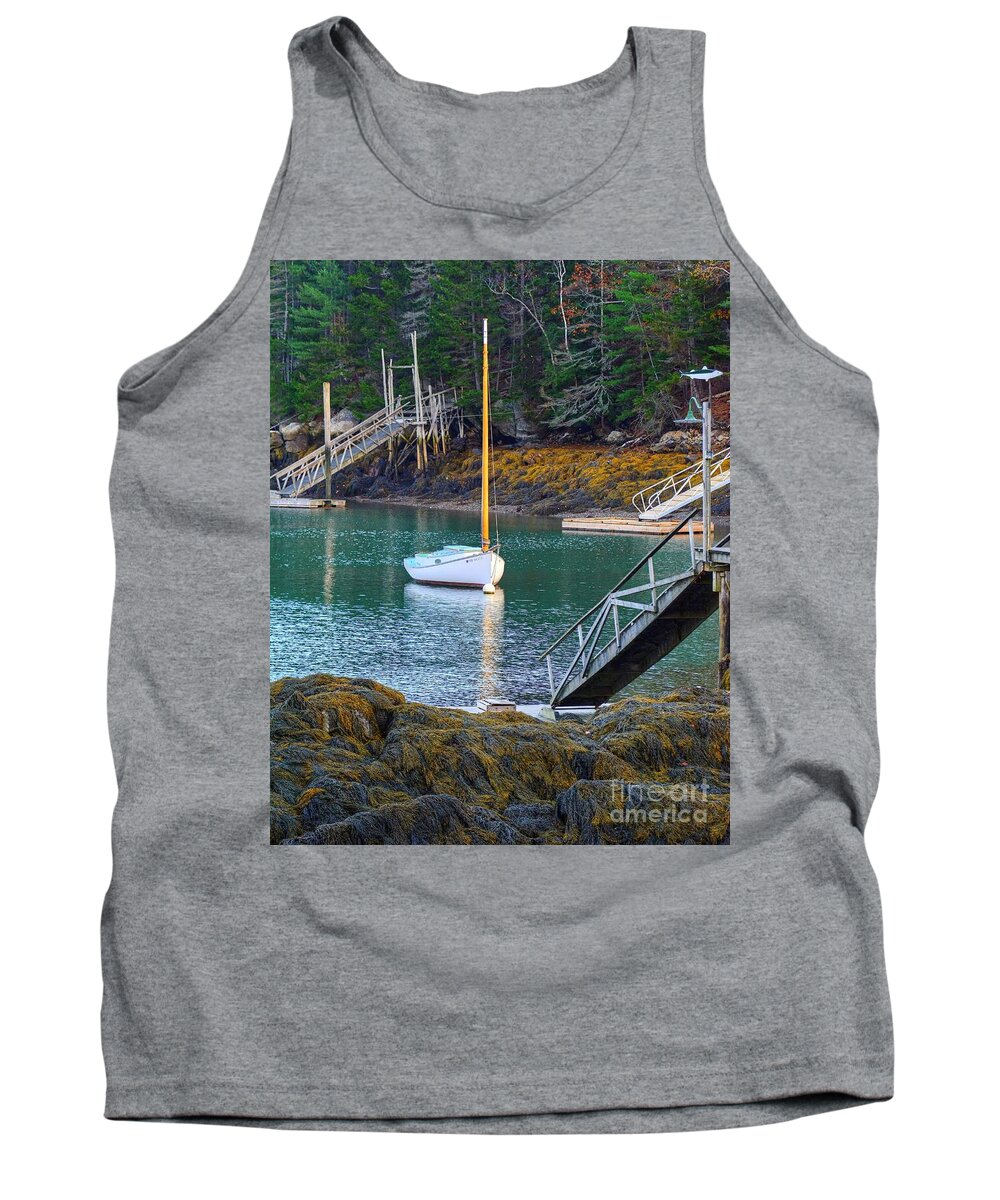 Maine Tank Top featuring the photograph Sailboat at The Gut by Steve Brown