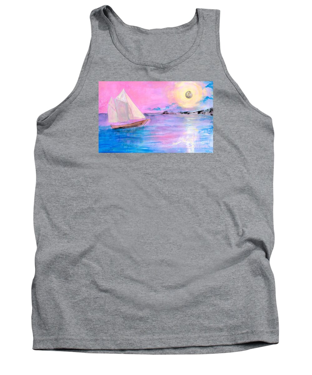 Sailboat Tank Top featuring the painting Sailboat in Pink Moonlight by Robin Pedrero