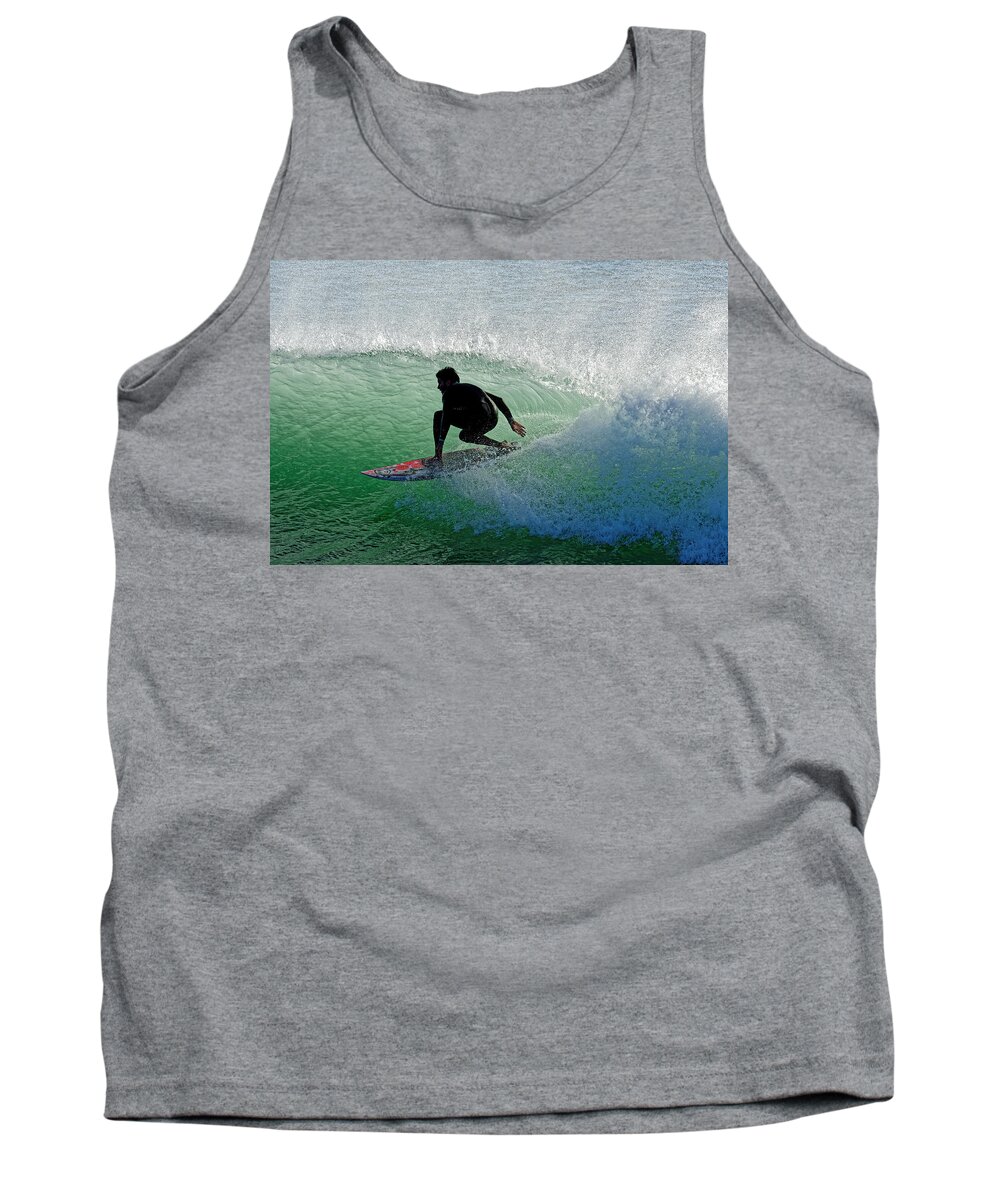 Sea Of Despair Tank Top featuring the photograph Sea of Despair -- Surfer on a Wave in Cayucos, California by Darin Volpe