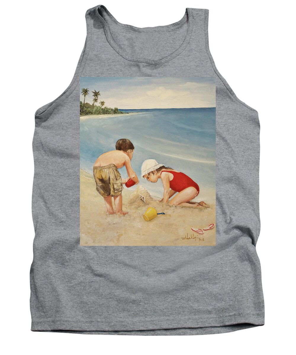 Seashell Tank Top featuring the painting Seashell Sand and a Solo Cup by Alan Lakin