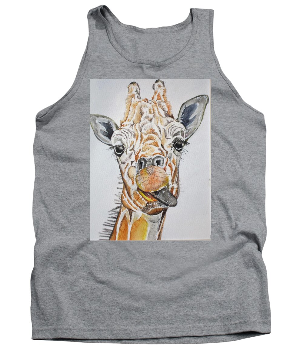 Giraffe Tank Top featuring the painting See my tongue by Teresa Smith