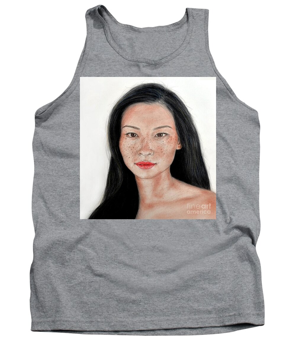 Drawing Tank Top featuring the mixed media Sexy Freckle Faced Beauty Lucy Liu by Jim Fitzpatrick