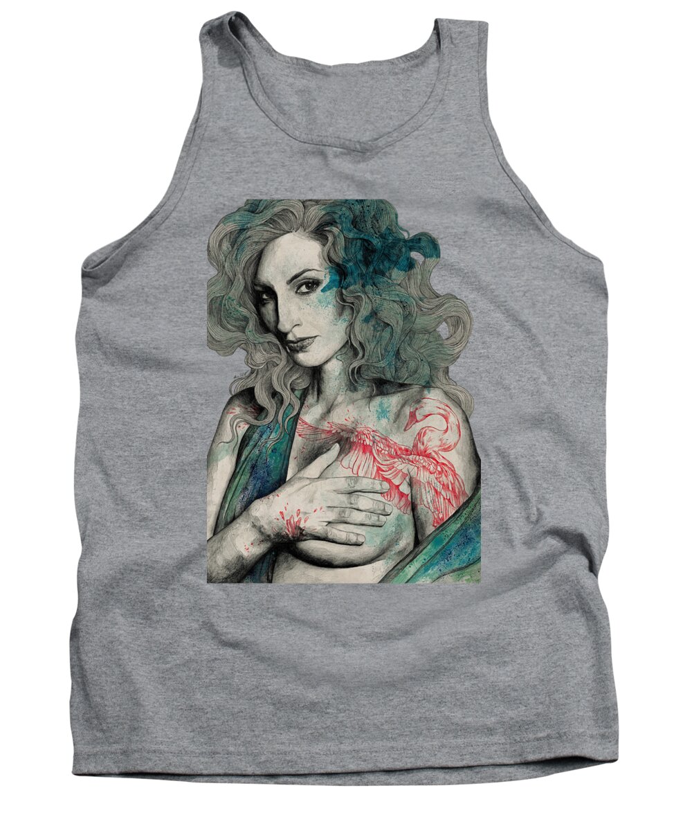 Swan Tank Top featuring the drawing SGNL-05 - seminude street art portrait, topless lady with swan tattoo by Marco Paludet