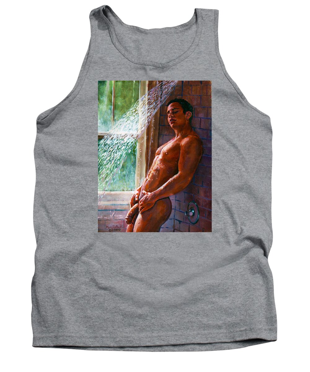 Male Nude Tank Top featuring the painting Shower Seduction by Marc DeBauch