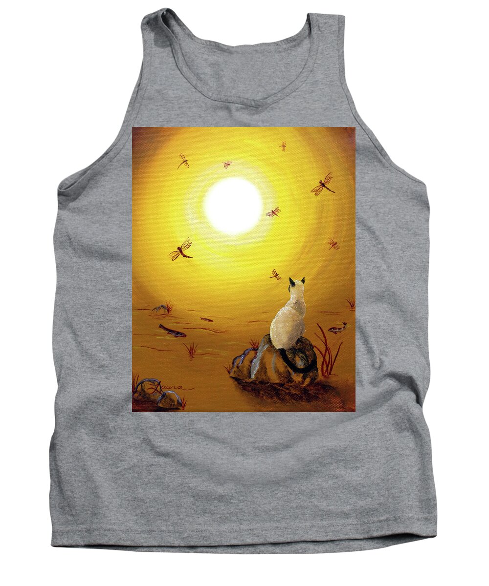 Siamese Cat Tank Top featuring the painting Siamese Cat with Red Dragonflies by Laura Iverson