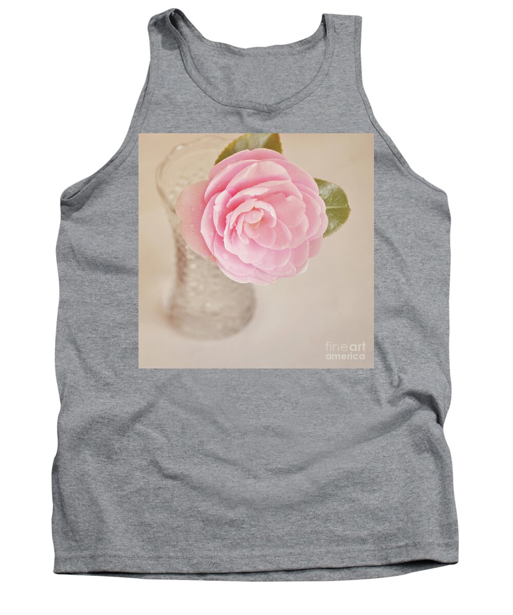 Camelia Tank Top featuring the photograph Single pink Camelia flower in clear vase by Lyn Randle