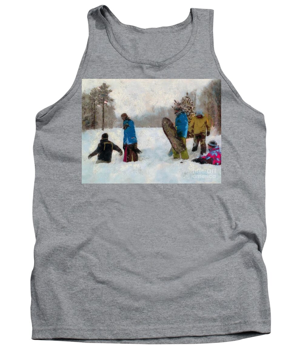 Winter Tank Top featuring the photograph Six Sledders in the Snow by Claire Bull