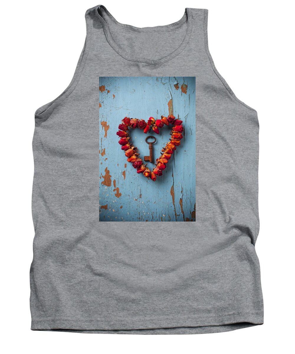 Love Rose Heart Wreath Tank Top featuring the photograph Small rose heart wreath with key by Garry Gay