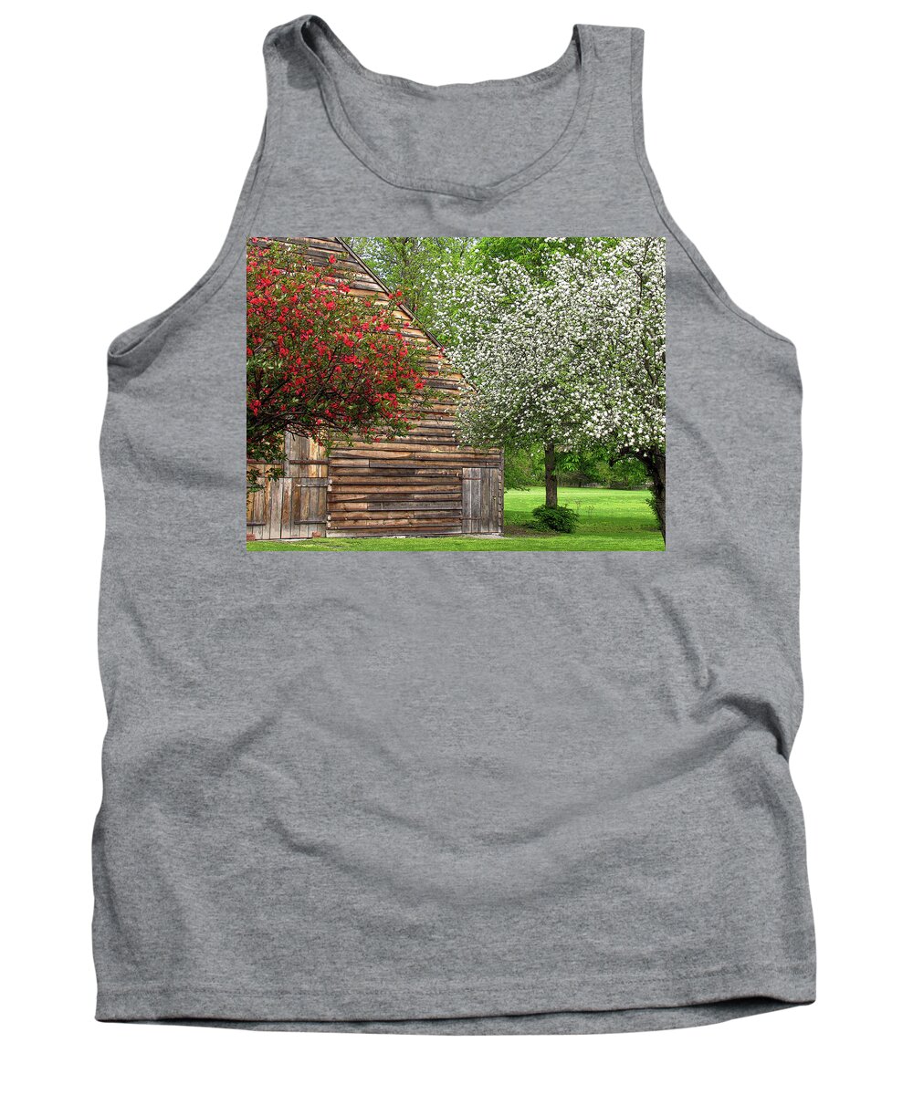 Flowers Tank Top featuring the photograph Spring Flowers and the Barn by Nancy De Flon
